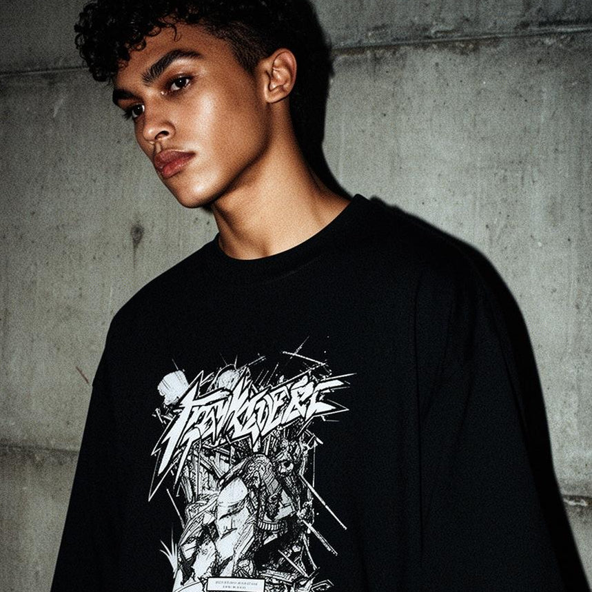 Person wearing a black t-shirt with graphic design against a concrete wall.